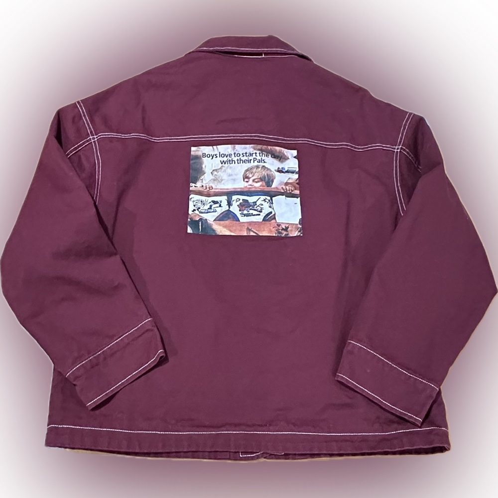 Milk Rabbit Burgundy Cotton Utility Work Jacket with 1980s pals ad back graphic